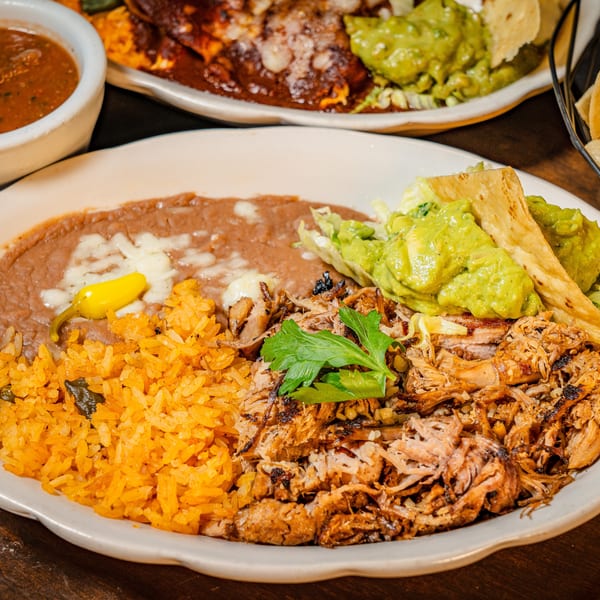 A plate of Mexican food with shredded pork, rice, refried beans, guacamole, and a side of salsa.